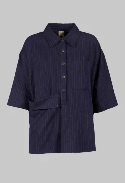 SOH Shirts & Blouses^3/4 Sleeved Shirt with Statement Pocket in Navy Stripe