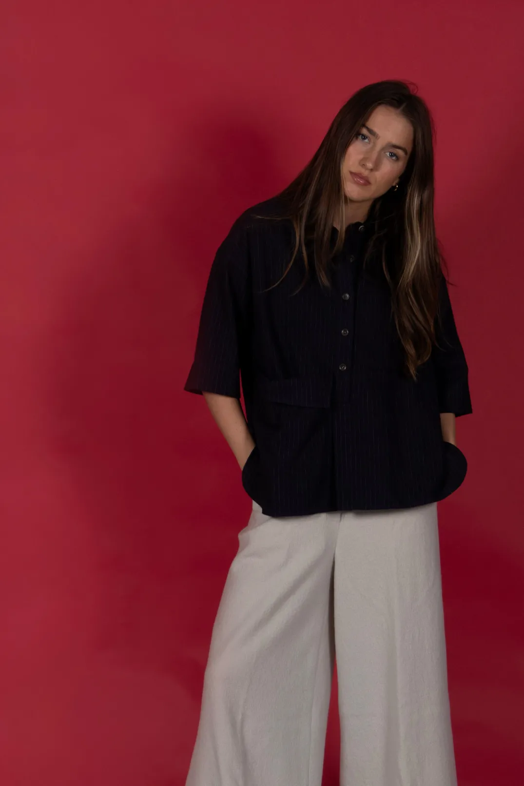 SOH Shirts & Blouses^3/4 Sleeved Shirt with Statement Pocket in Navy Stripe