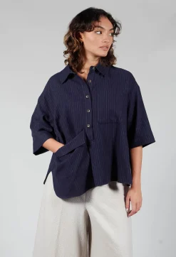 SOH Shirts & Blouses^3/4 Sleeved Shirt with Statement Pocket in Navy Stripe