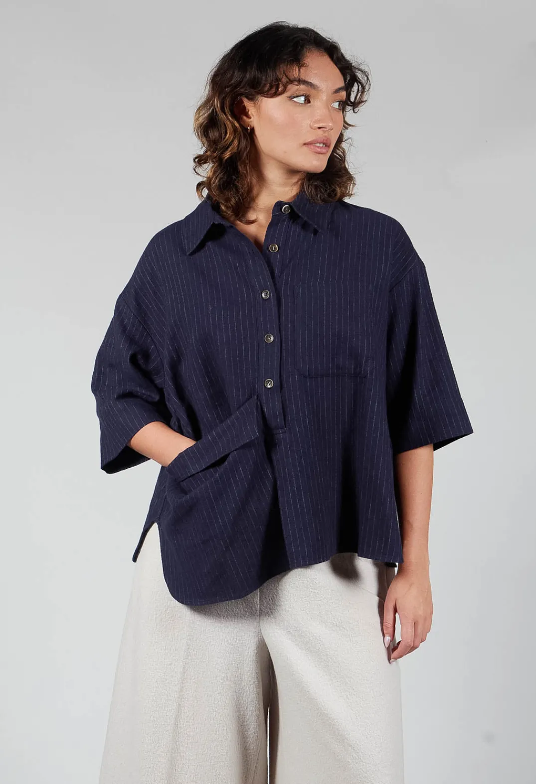 SOH Shirts & Blouses^3/4 Sleeved Shirt with Statement Pocket in Navy Stripe