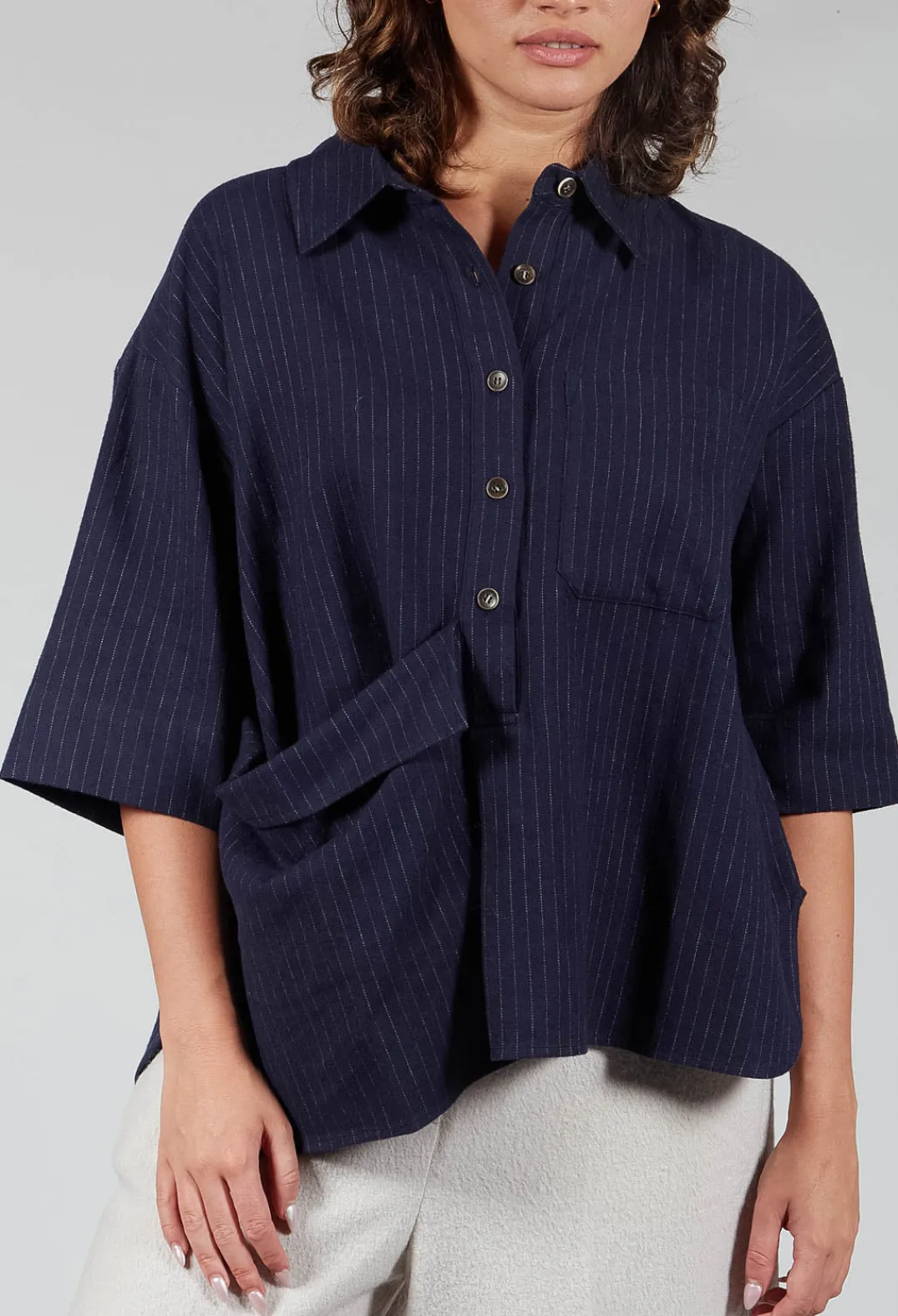 SOH Shirts & Blouses^3/4 Sleeved Shirt with Statement Pocket in Navy Stripe