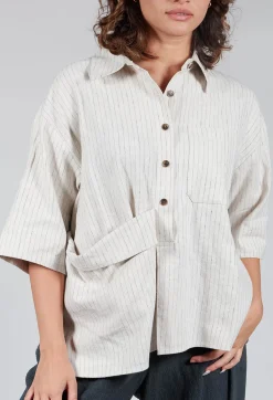 SOH Shirts & Blouses^3/4 Sleeved Shirt with Statement Pocket in Ivory Stripe