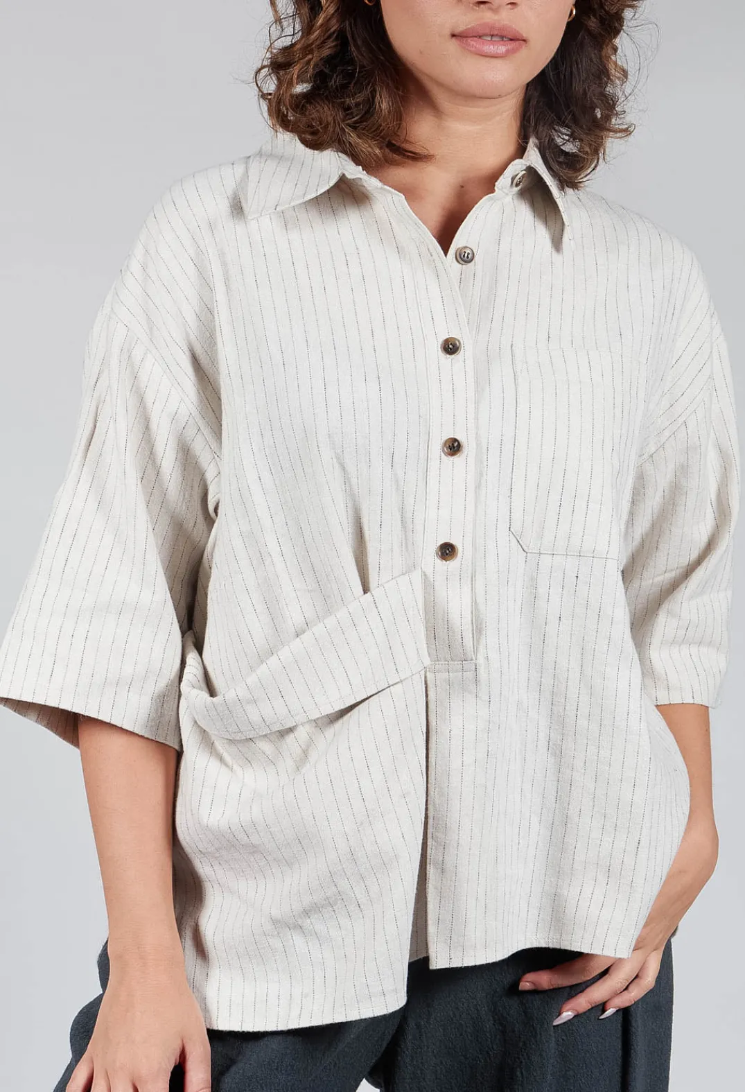 SOH Shirts & Blouses^3/4 Sleeved Shirt with Statement Pocket in Ivory Stripe