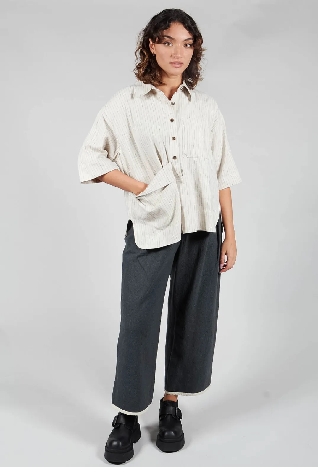 SOH Shirts & Blouses^3/4 Sleeved Shirt with Statement Pocket in Ivory Stripe