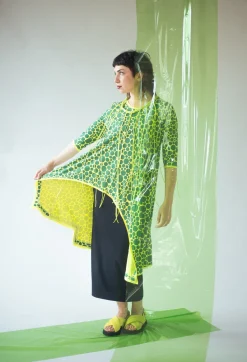 Bread and Butter Tops^Asymmetrical Jersey Tunic Top in Lime with Green Pois
