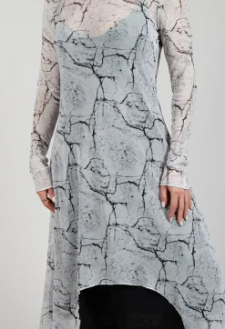 La Haine Dresses^Asymmetrical Sheer Dress in White Print