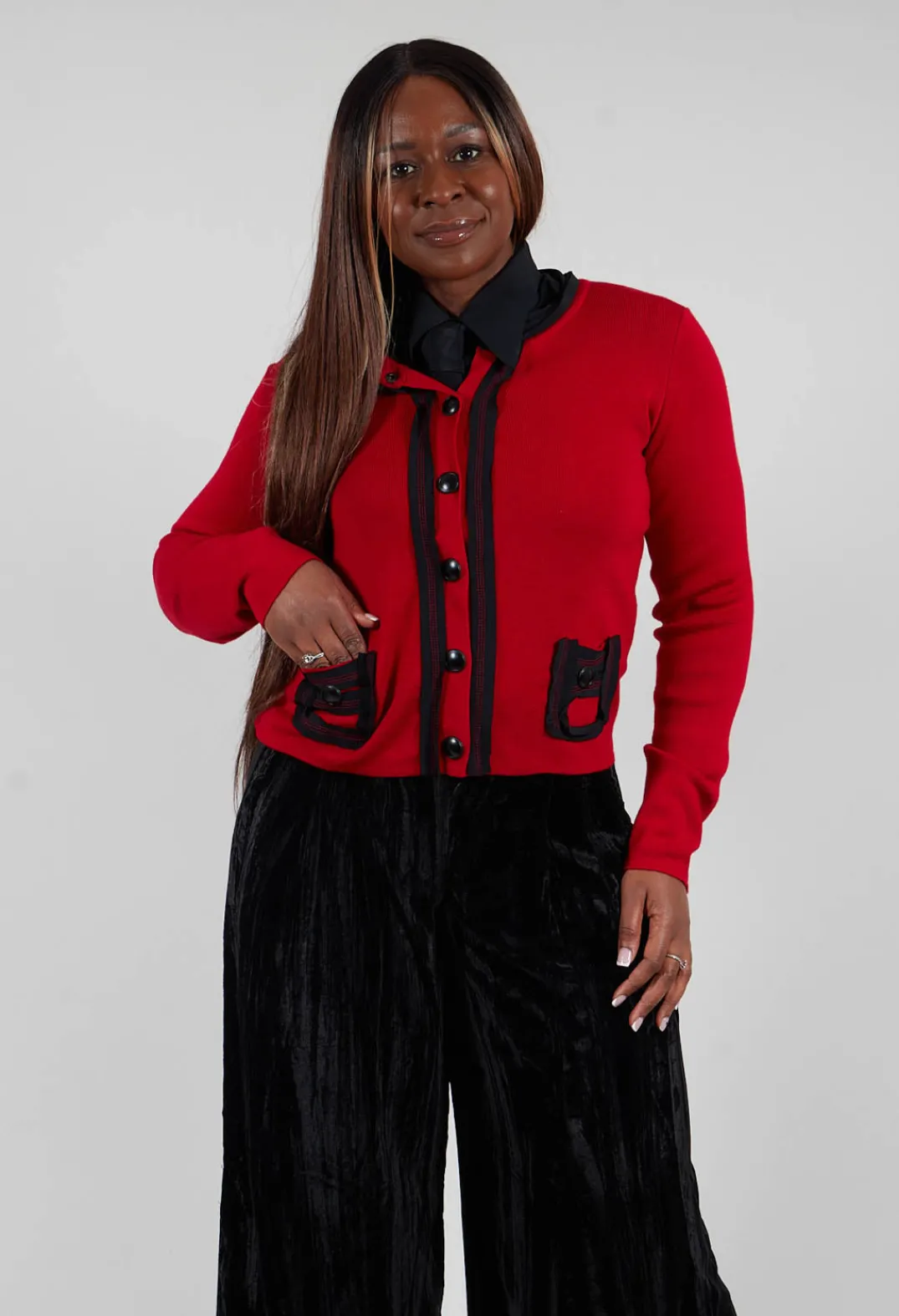 Mei Meij Cardigans^Button Up Cardigan in Red and Black