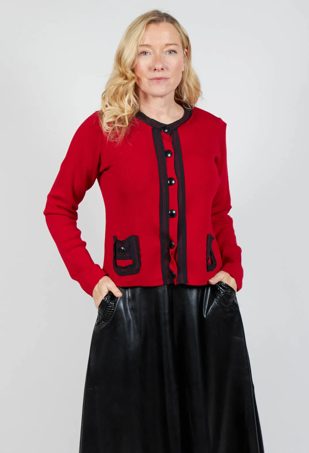 Mei Meij Cardigans^Button Up Cardigan in Red and Black
