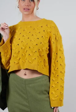 Sarah Pacini Jumpers^Cable Knit Cropped Sweater in Yellow