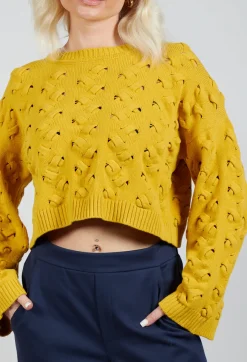 Sarah Pacini Jumpers^Cable Knit Cropped Sweater in Yellow