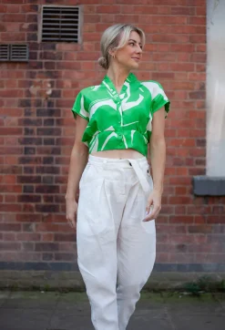Beatrice B Shirts & Blouses^Capped Sleeve Silk Blouse in Green Macro Print