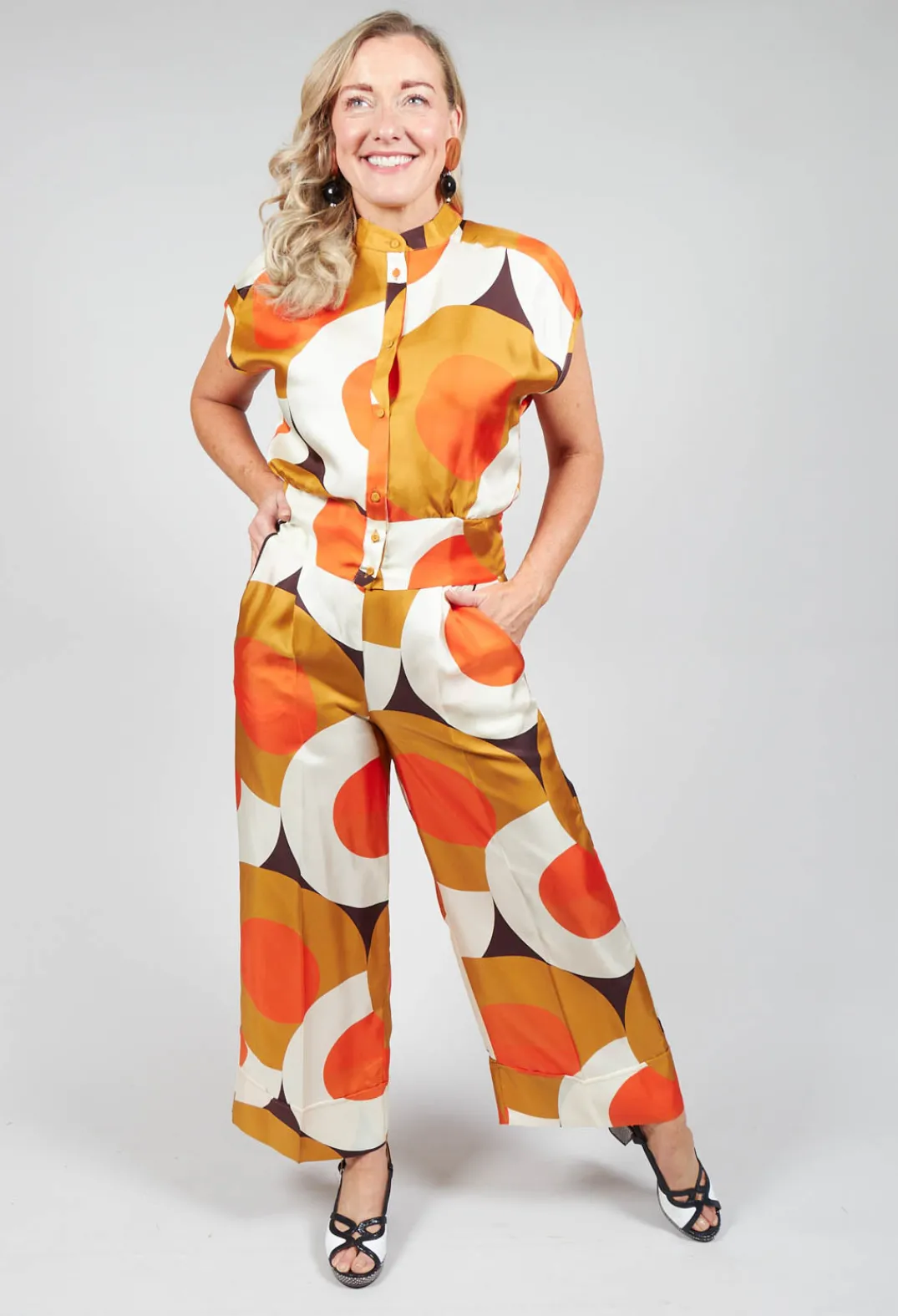 Beatrice B Shirts & Blouses^Capped Sleeve Silk Blouse in Circle Print