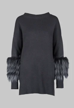 Dom Goor Knitwear|Jumpers^Cashmere Jumper with Fur Trim Sleeves in Volcanic Rock Grey