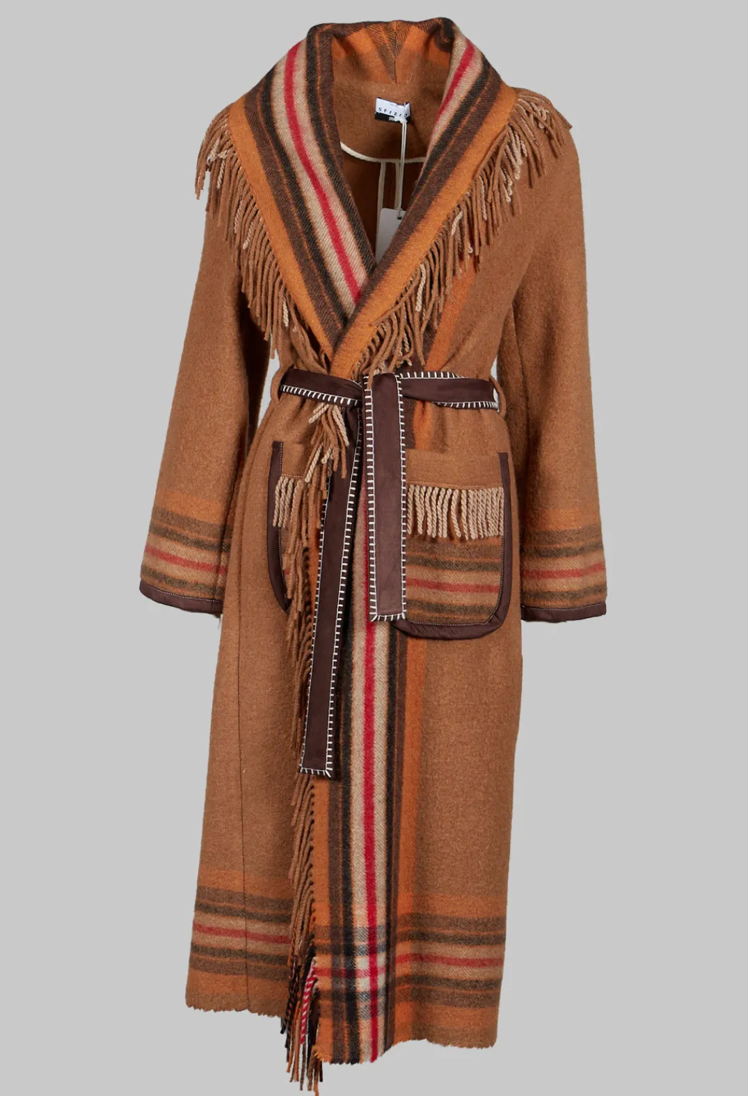 Sfizio Coats^Coat with Fringes and Belt in Cinnamon