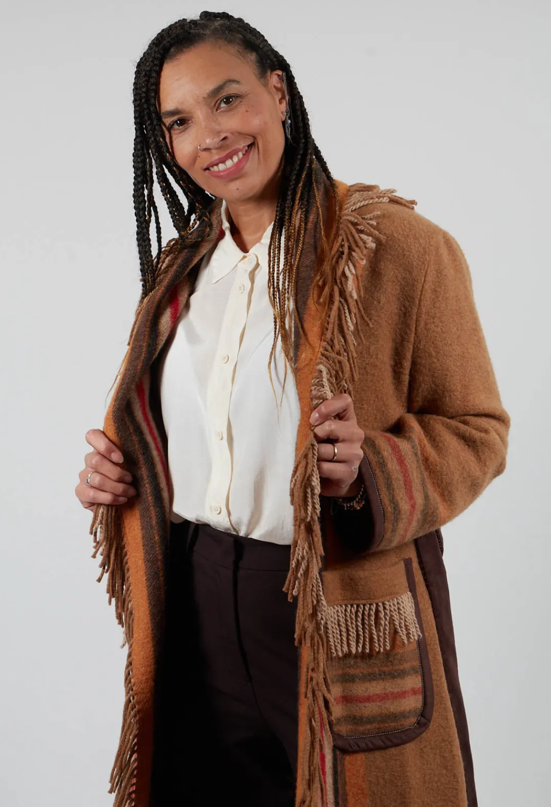 Sfizio Coats^Coat with Fringes and Belt in Cinnamon