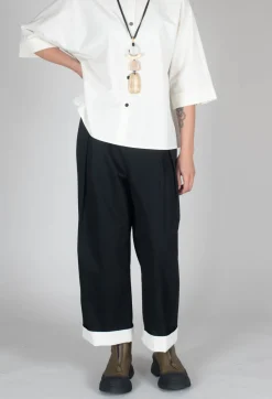 SOH Trousers^Contrast Hem Cotton Trousers in Black