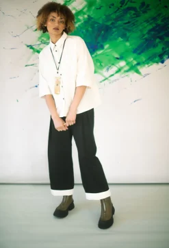 SOH Trousers^Contrast Hem Cotton Trousers in Black