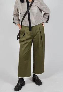 SOH Trousers^Contrast Hem Cotton Trousers in Olive