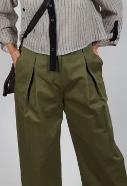 SOH Trousers^Contrast Hem Cotton Trousers in Olive