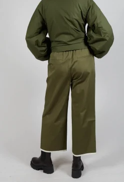 SOH Trousers^Contrast Hem Cotton Trousers in Olive