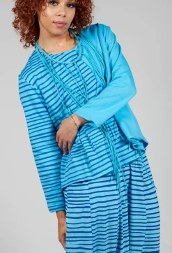 Bread and Butter Tops^Contrast Sleeve Top in Turquoise with Blue Lines