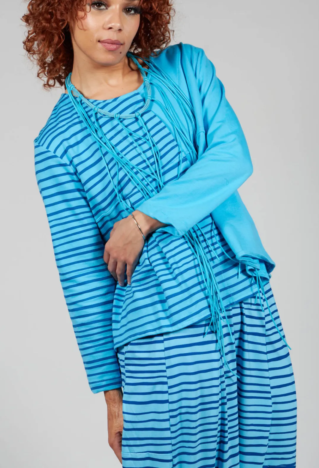 Bread and Butter Tops^Contrast Sleeve Top in Turquoise with Blue Lines