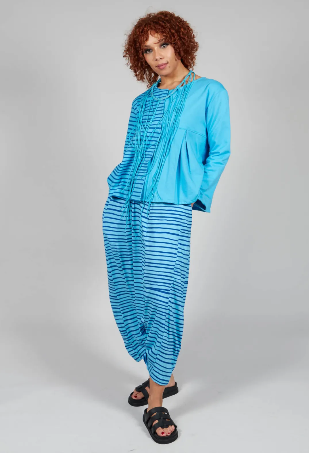 Bread and Butter Tops^Contrast Sleeve Top in Turquoise with Blue Lines