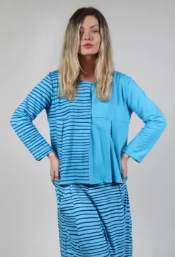 Bread and Butter Tops^Contrast Sleeve Top in Turquoise with Blue Lines