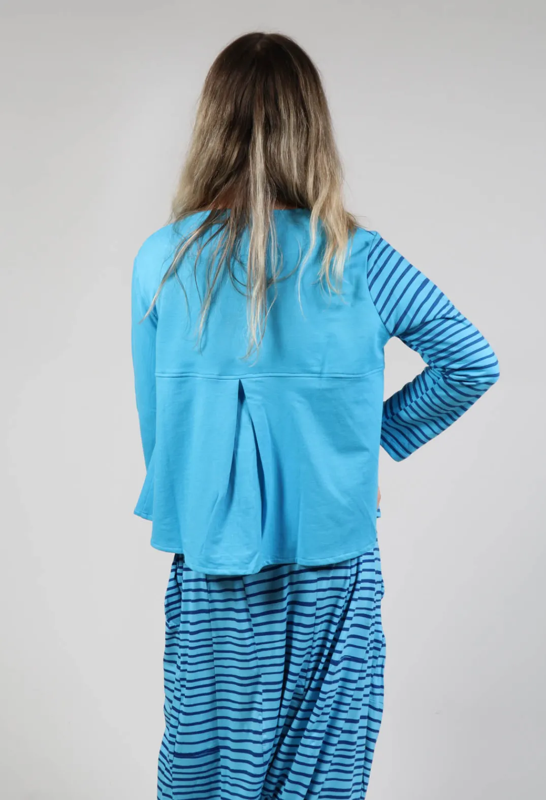 Bread and Butter Tops^Contrast Sleeve Top in Turquoise with Blue Lines