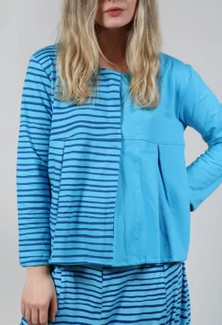 Bread and Butter Tops^Contrast Sleeve Top in Turquoise with Blue Lines