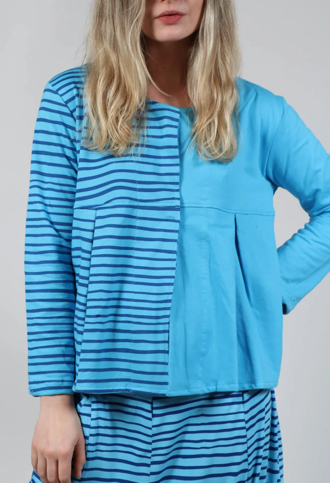 Bread and Butter Tops^Contrast Sleeve Top in Turquoise with Blue Lines