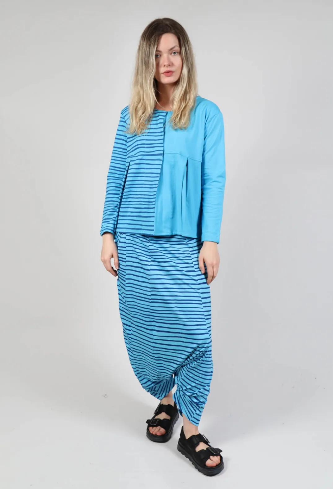 Bread and Butter Tops^Contrast Sleeve Top in Turquoise with Blue Lines