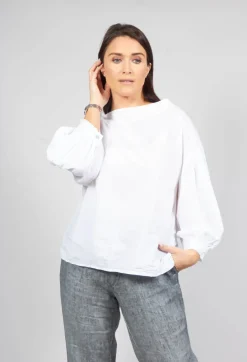 Baci Jumpers^Crinkle Top with Contrasting Sleeves in White