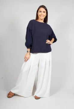 Baci Jumpers^Crinkle Top with Contrasting Sleeves in Navy