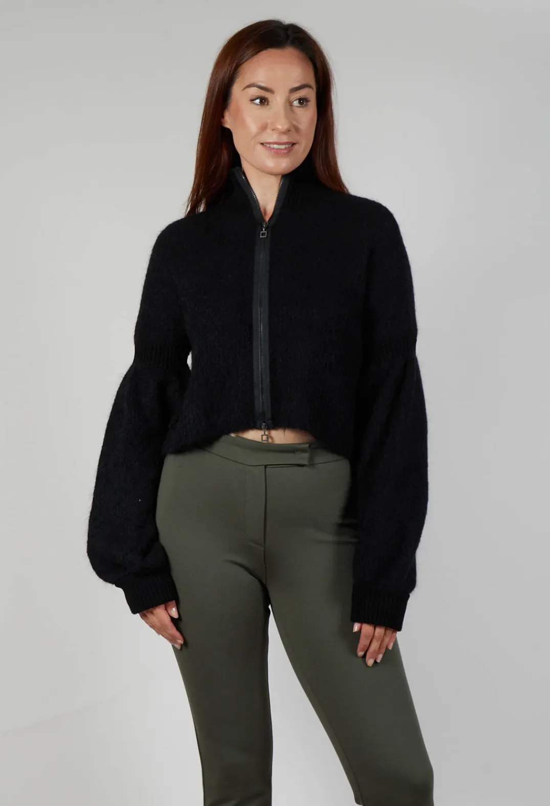 Sarah Pacini Cardigans^Cropped High Neck Zip Up Cardigan in Black