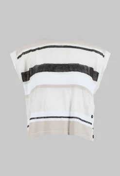 Sarah Pacini Jumpers^Cropped Knitted Top with Button Detail in Beige  Stripe
