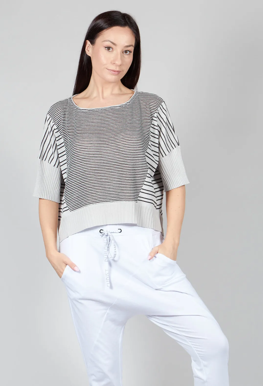 Philomena Christ Jumpers^Cropped Short Sleeve Jumper in Silver Black Stripe