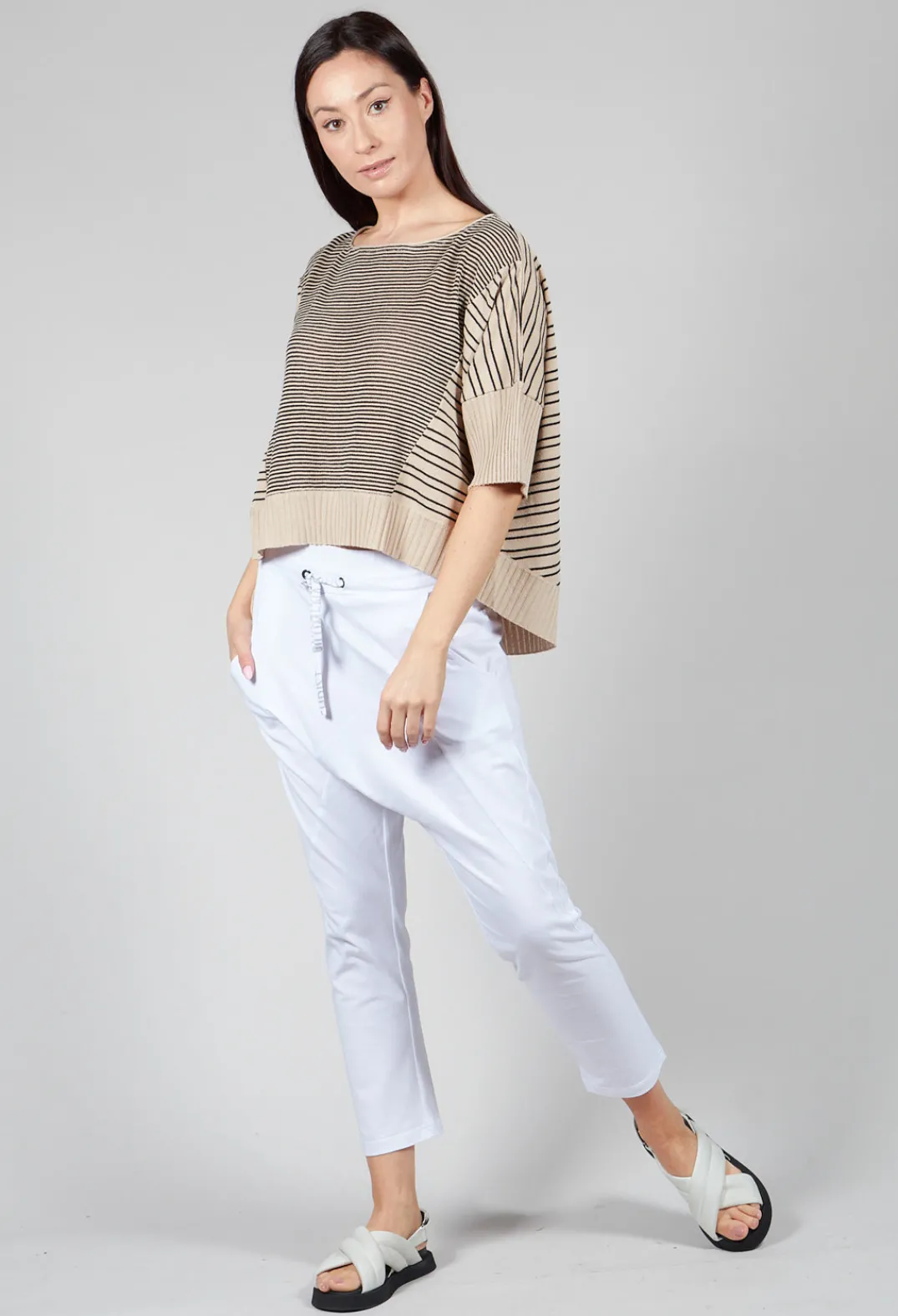 Philomena Christ Jumpers^Cropped Short Sleeve Jumper in Sand Black Stripe