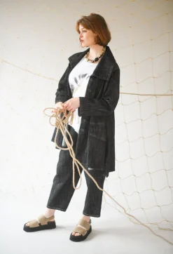 Tadashi Coats^Denim Style Coat in Black