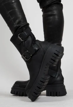 Lofina Boots^Double Buckle Ankle Boots in Gasoline Cobra Nero