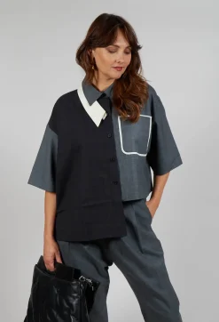 SOH Shirts & Blouses^Double Collar Shirt in Grey Blue