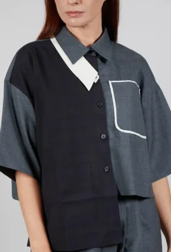 SOH Shirts & Blouses^Double Collar Shirt in Grey Blue
