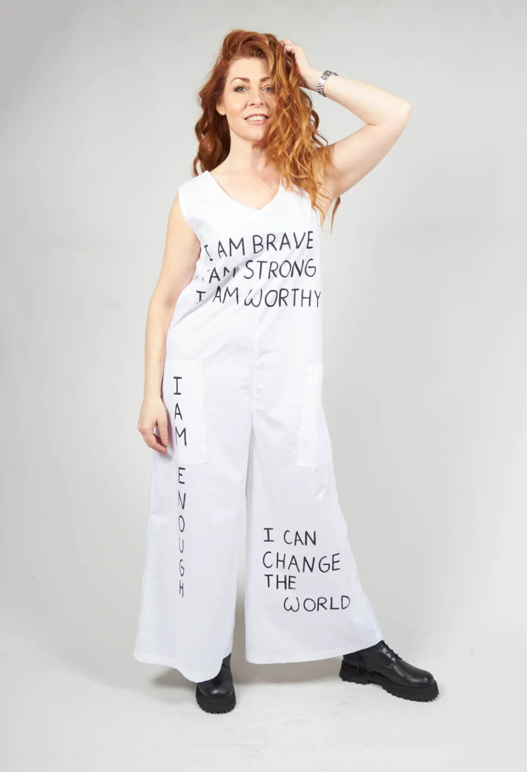 Bread and Butter Jumpsuits^Drop Crotch Jumpsuit with Lettering in White