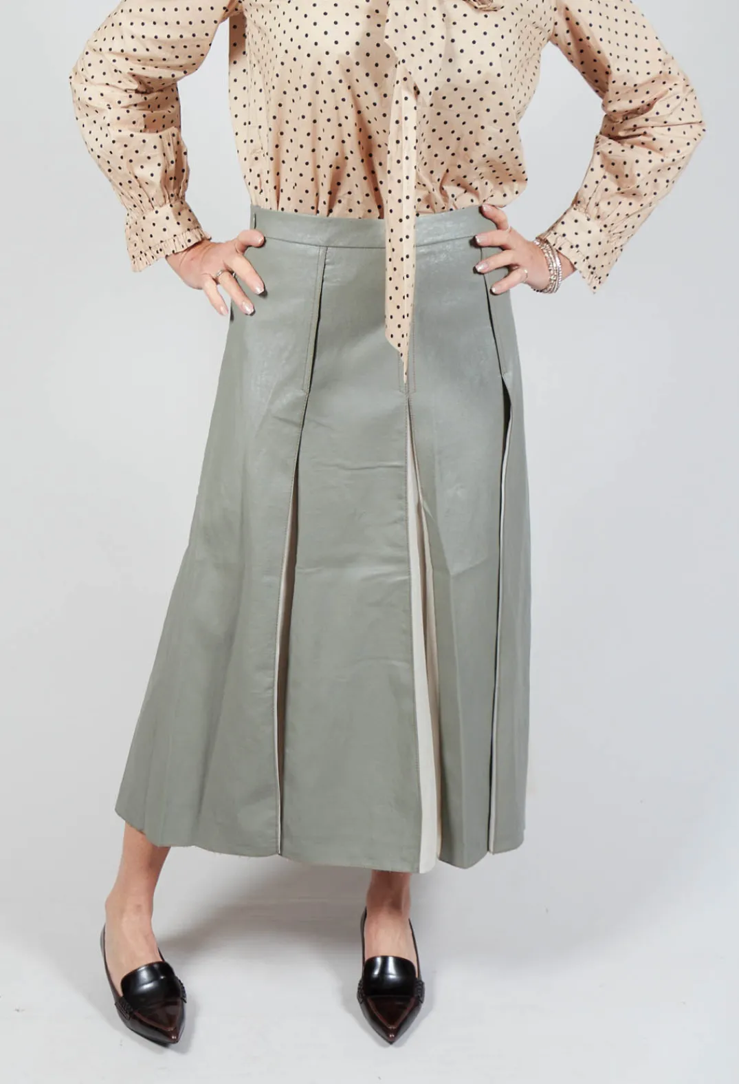 Beatrice B Skirts^Faux Leather Georgette Skirt in Green