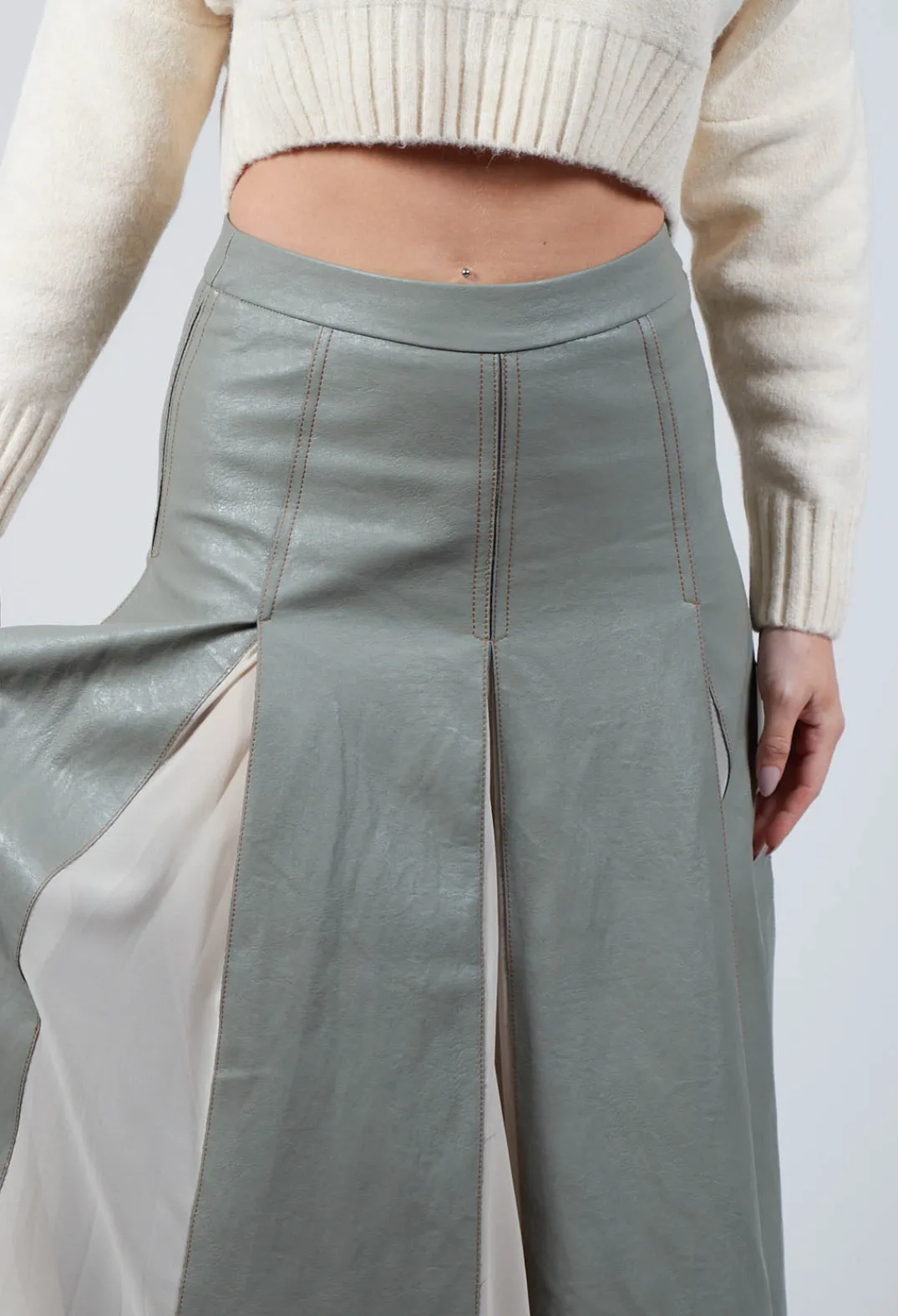 Beatrice B Skirts^Faux Leather Georgette Skirt in Green
