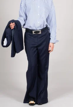 Mei Meij Trousers^Flared Leg Tailored Trousers in Gessato Blue Nights