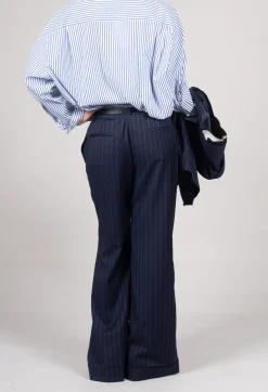 Mei Meij Trousers^Flared Leg Tailored Trousers in Gessato Blue Nights