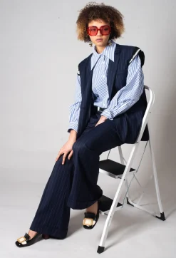 Mei Meij Trousers^Flared Leg Tailored Trousers in Gessato Blue Nights