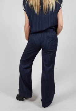 Mei Meij Trousers^Flared Leg Tailored Trousers in Gessato Blue Nights