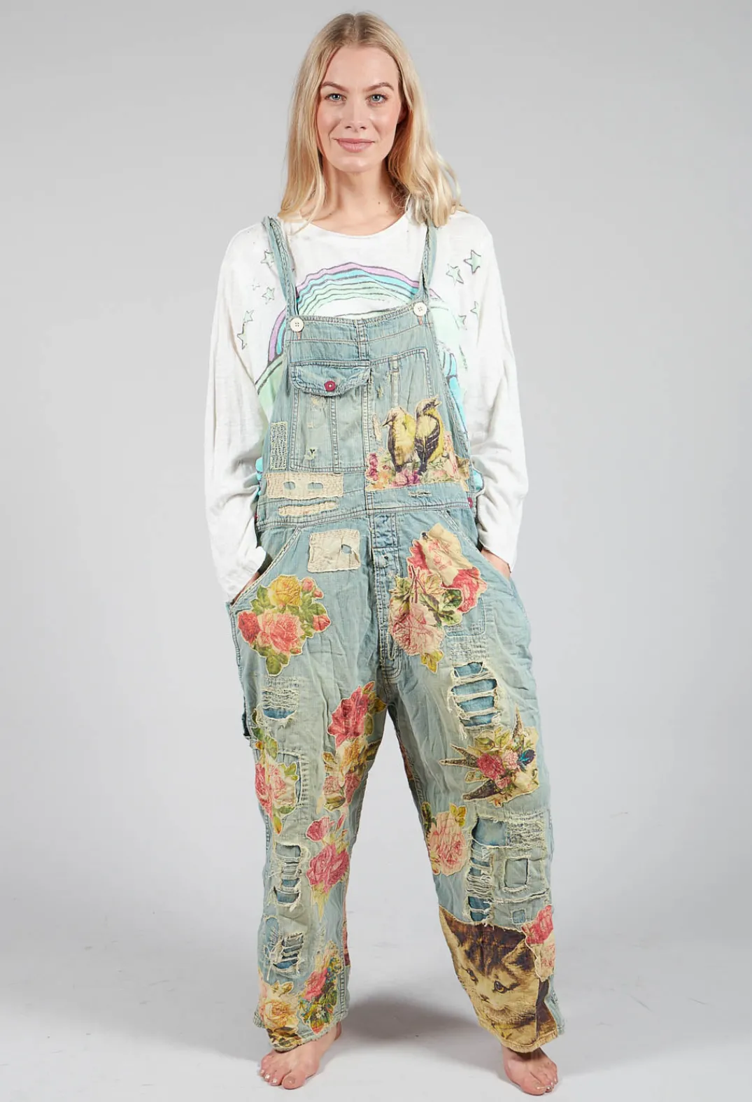 Magnolia Pearl Jumpsuits^Floral Applique Overalls in Washed Indigo